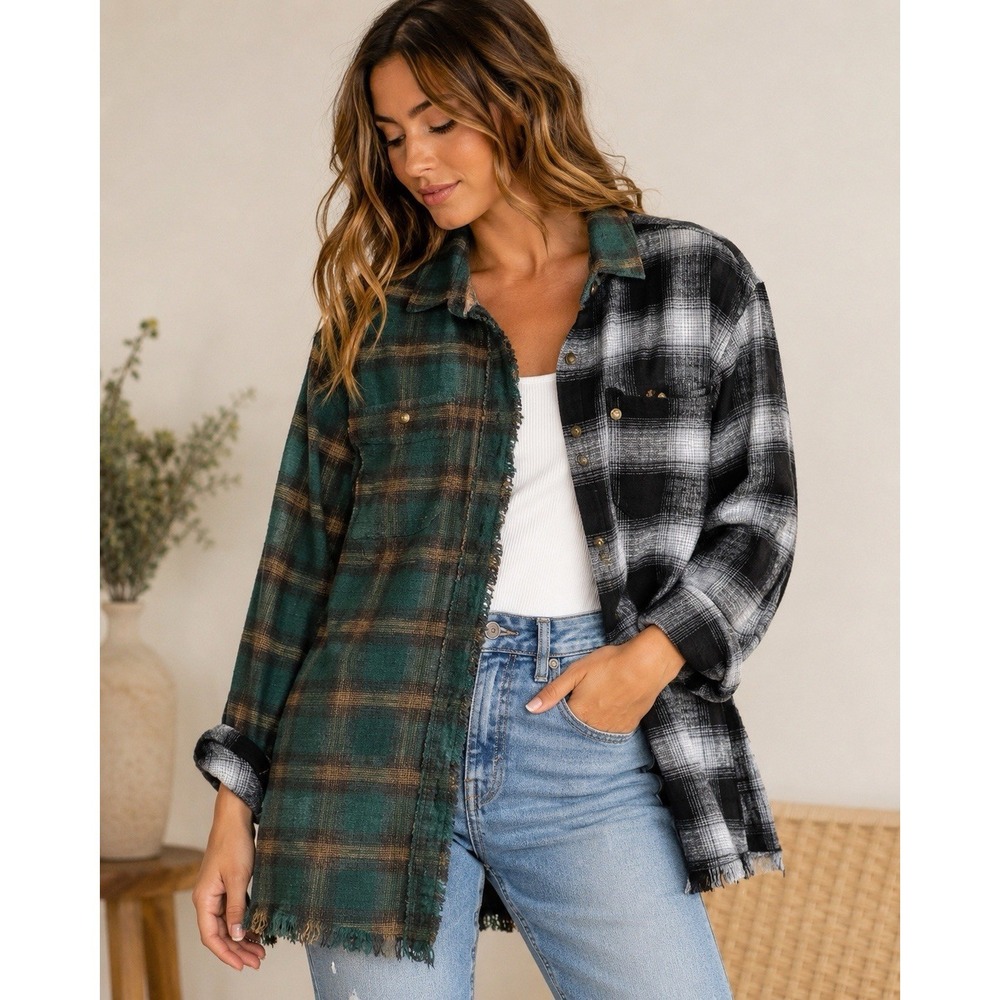Vintage Havana Plaid Colorblock Flannel Shirt Button Front Distressed Sz M